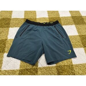 Gymshark Apex Shorts Mens Large Teal Blue Yellow Logo Zipper Pockets GMSH4371-AT